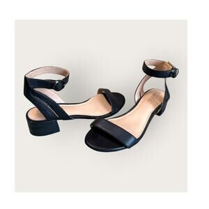 Antonio Melani Black Leather Ankle Strap Dress Sandals Womens 9.5 Low Block Heel